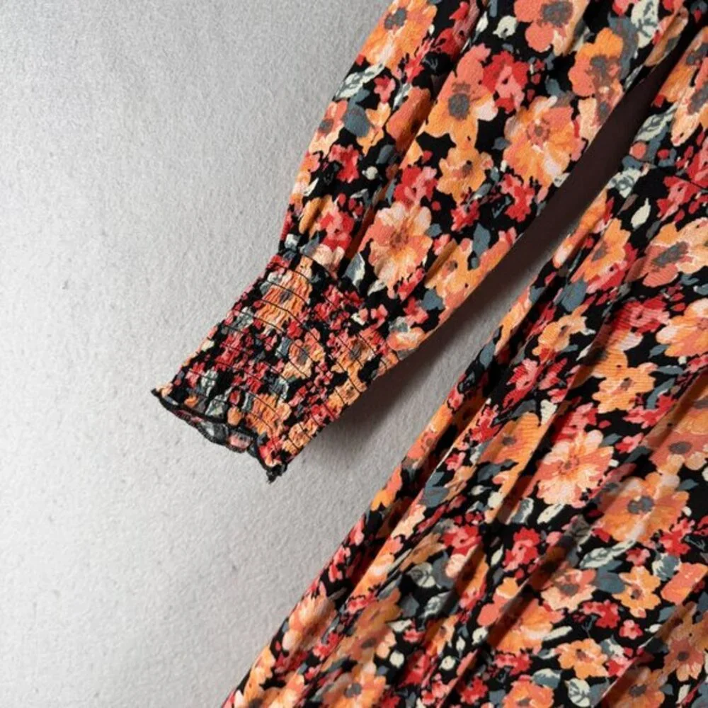 Wild Fable‎ Mini Faux Wrap Dress Womens M Orange Black Ditsy Print Whimsigoth